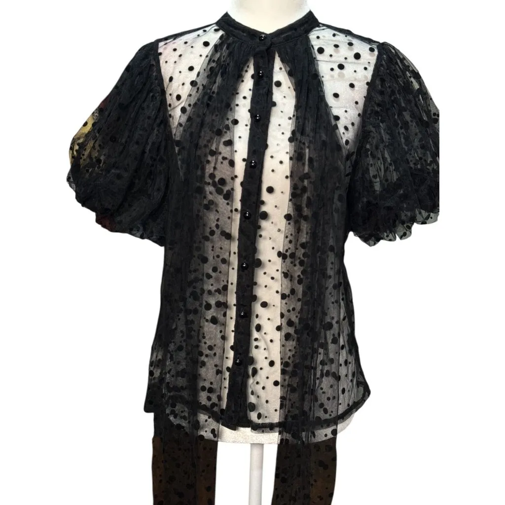 NEW Polka Dot Sheer Black Puff Sleeve Button-Up Blouse By Haute Monde Size S - Image 5