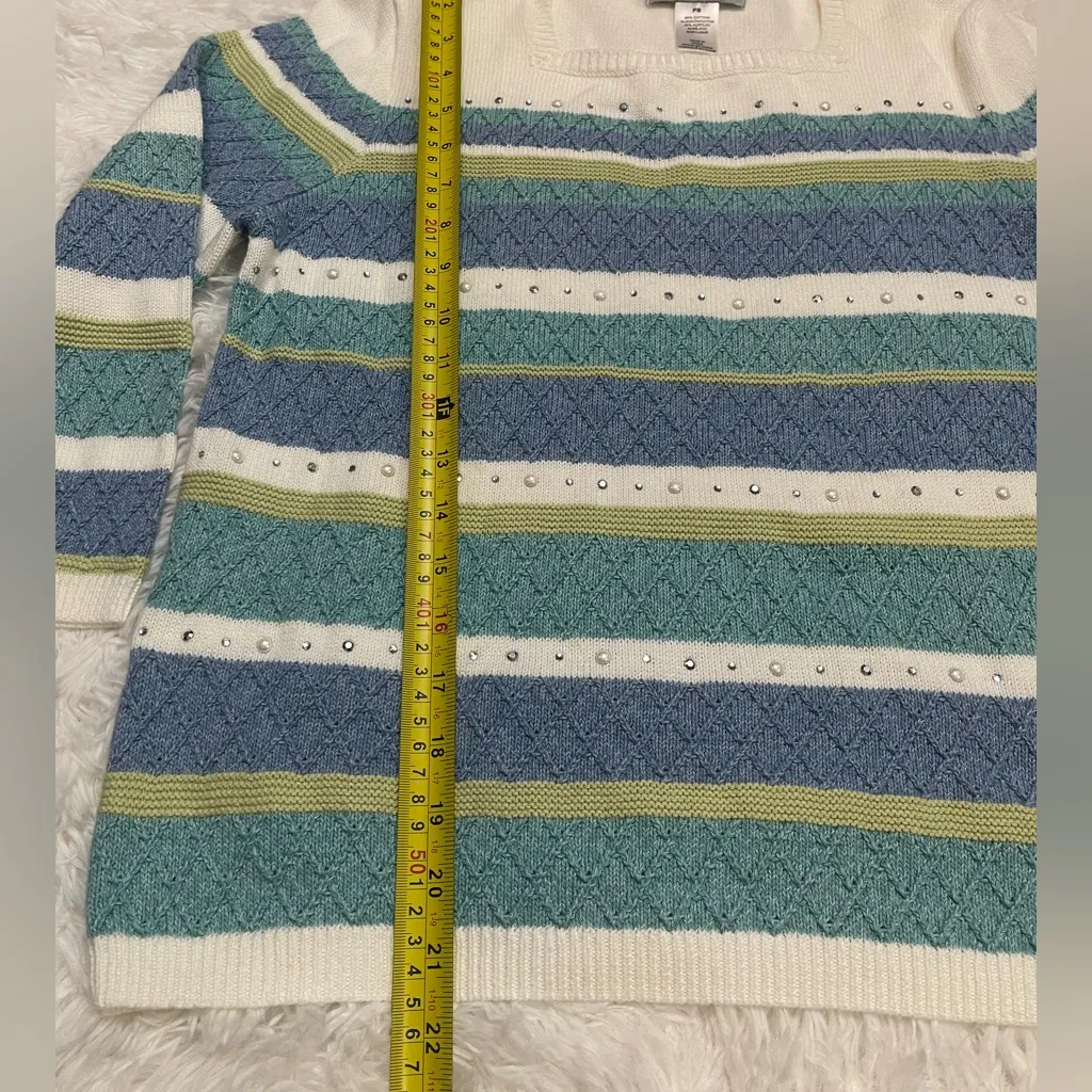 Alfred Dunner striped 3/4 sleeve square neck sweater with pearl gem Small Petite - Image 4