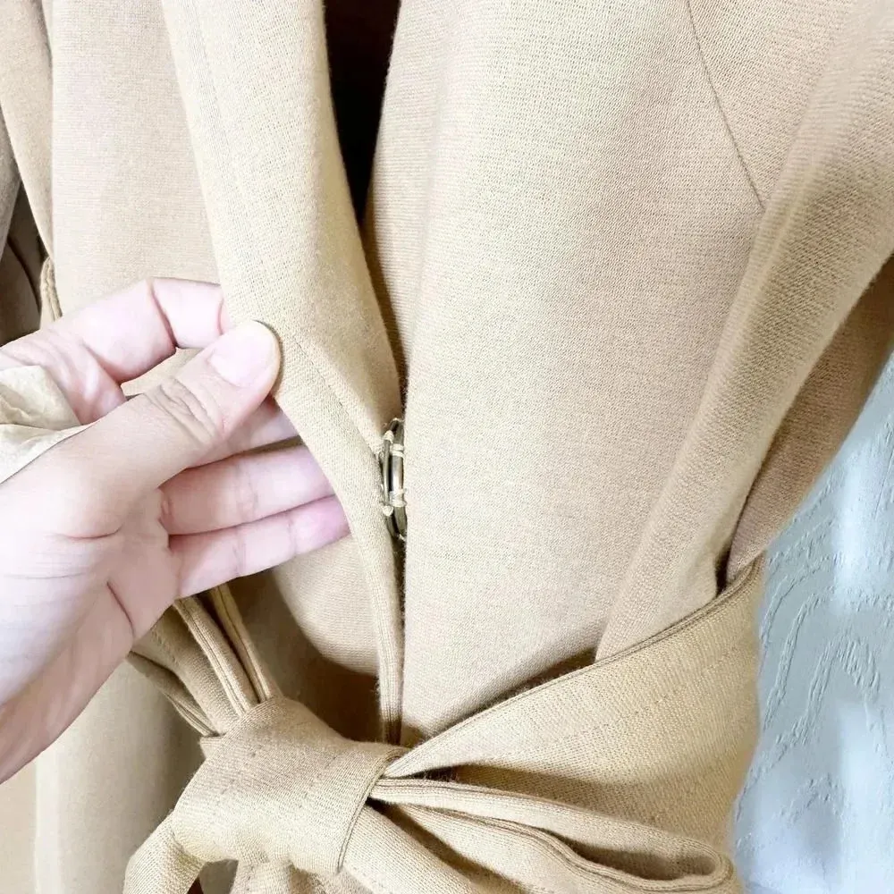 CABI Love Carole Casablanca‎ Tan Knit Ponte Trench Coat #3037 Size S Belted - Image 4