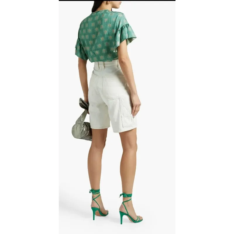 Red‎ Valentino Ruffled Metallic Jacquard Top Size 2 Green - Image 2