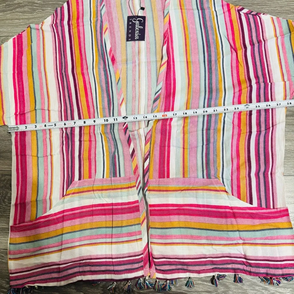 Main Strip Women Pink Striped Summer Beach Tunic Wrap Up Kimono Size Medium - Image 15