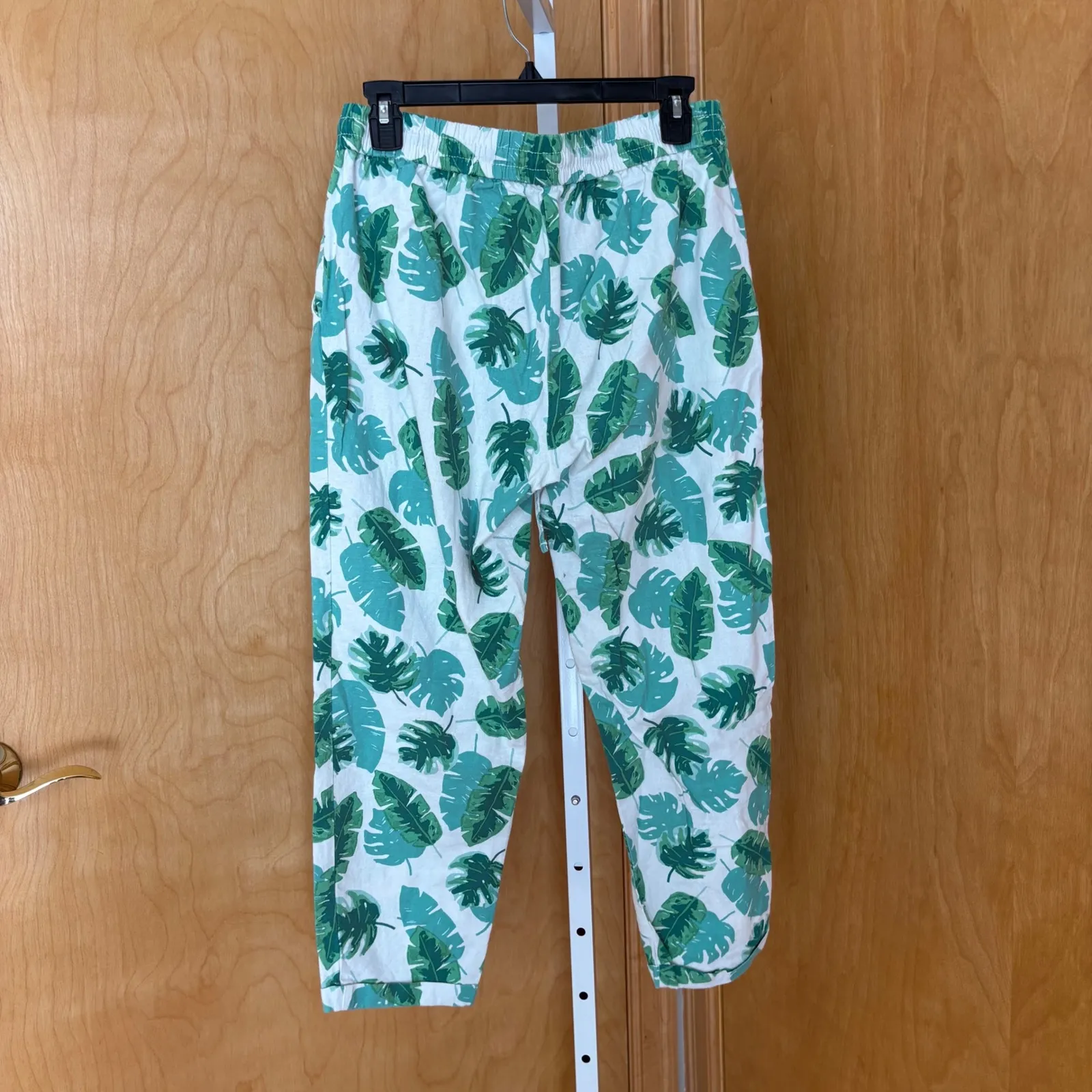 J Crew Women's Size 6 Green White Leaf Print Linen Blend Elastic Waist Pants - Image 3
