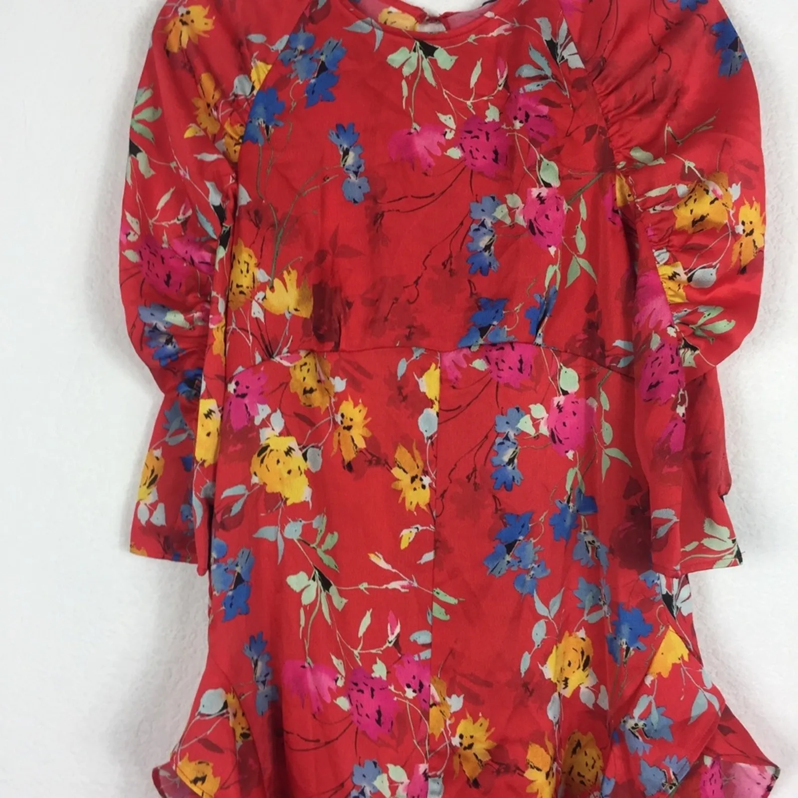 NWT Zara Satin Romper Small Red Japanese Floral Ruffle Puff Sleeve Ruched - Image 9