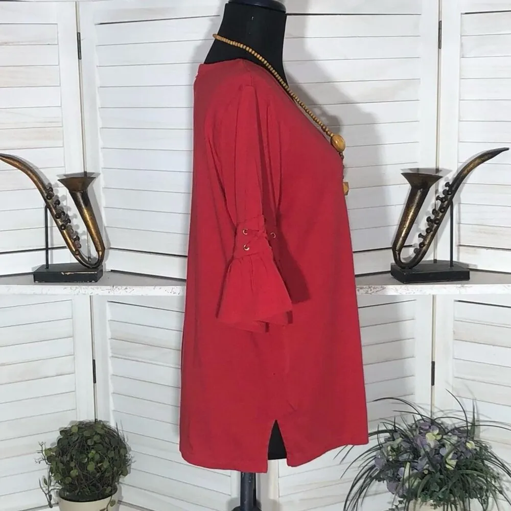 Michael Kors Modal Casual Tunic Blouse Bell Sleeves Side Slits Red sz L - Image 8
