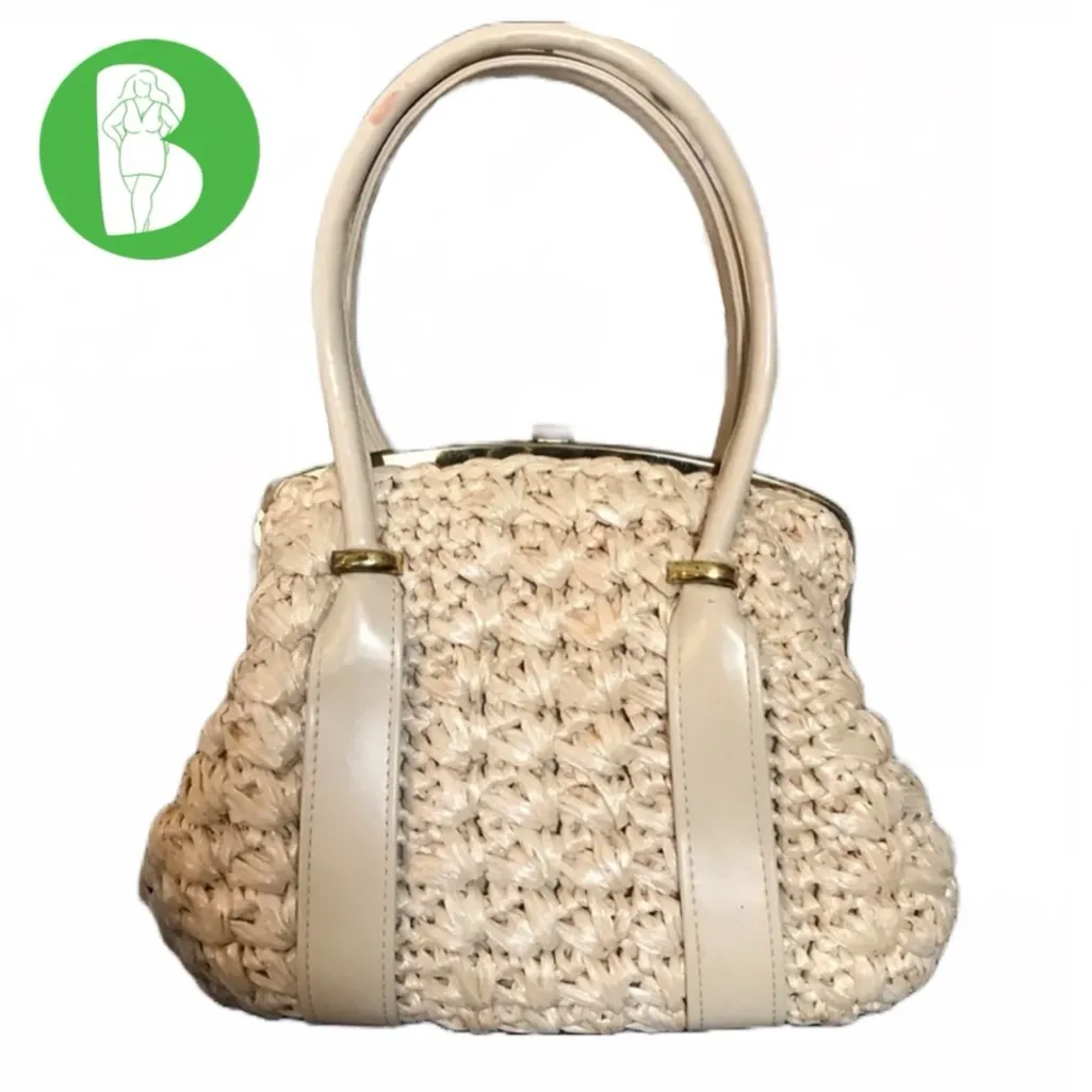 GAYMODE VINTAGE 1960'S IVORY STRAW FRAME HAND BAG WITH FAUX LEATHER ACCENTS Gold - Image 2