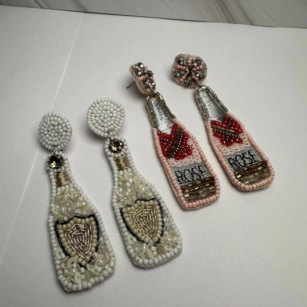 Lot Of 2 Hand Made Felt Bead Rhinestone Wine Bottle Pierced Dangle Drop Earrings - Image 2