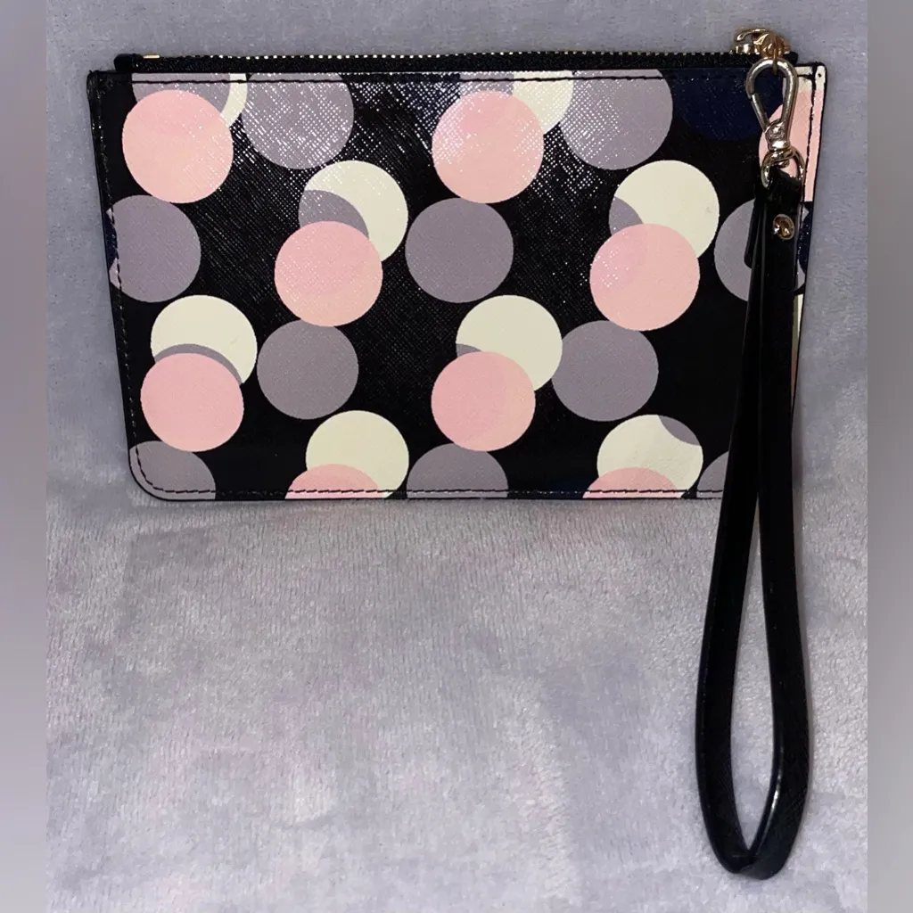 Kate Spade New York Wristlet Pouch Black Pink Cream Grey Geometric Circle Print - Image 2