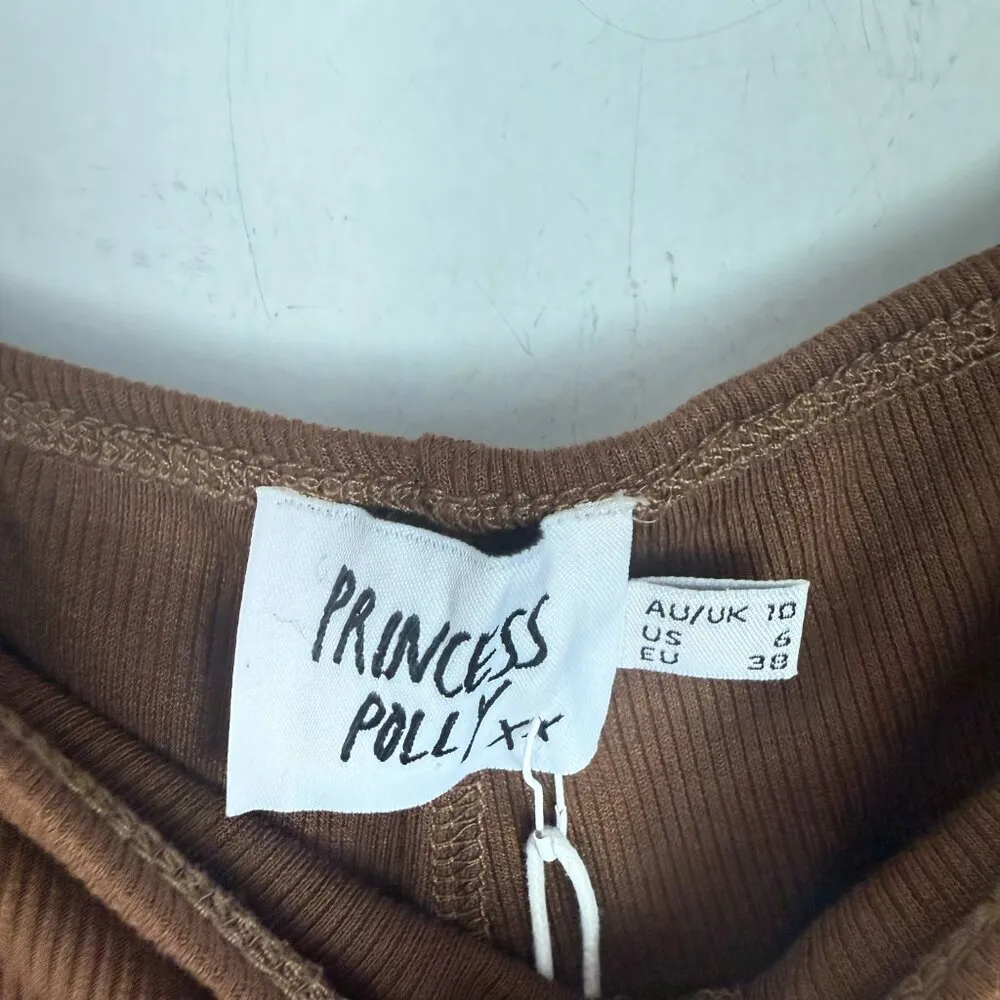 Princess Polly NWT  Imogen Pants Ribbed Pull On Flare Brown Size 6 NEW - Image 6