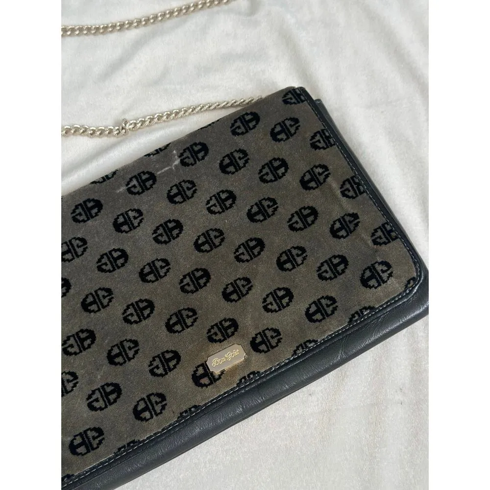 Vintage Bon Goût 70s Velvet Logo Crossbody Gray Black Silver Chain Leather - Image 3