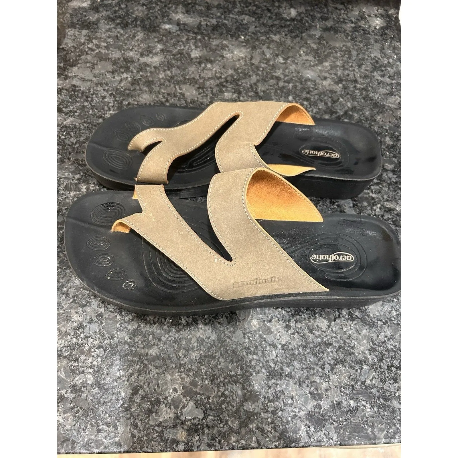 Aerothotic Arch Support Flip Flops Sandals Split Toe Beige Black Size 41 US 10 - Image 8