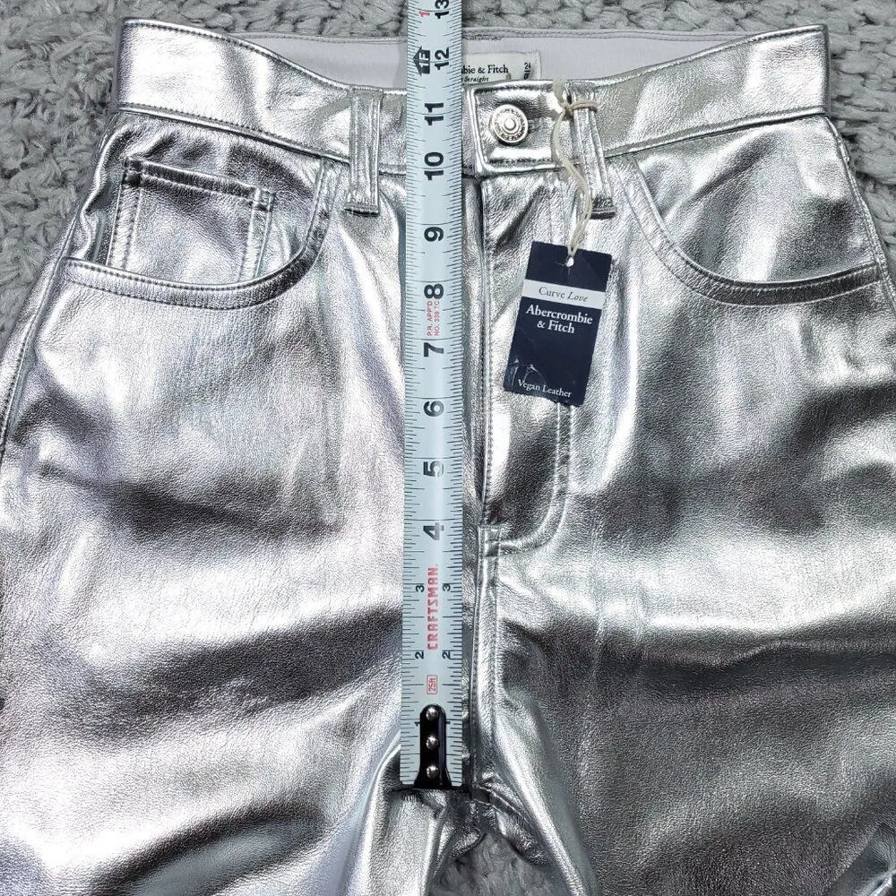 Abercrombie Curve Love 90's Straight Ultra High Rise Pants Vegan Leather Silver - Image 10