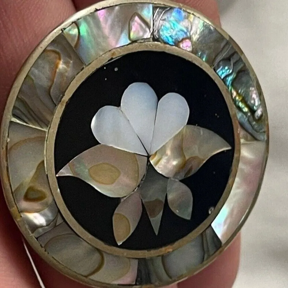 Mexico Alpaca Abalone Mother of Pearl Inlay Flower Mexican Alpaca Silver Pin - Image 13