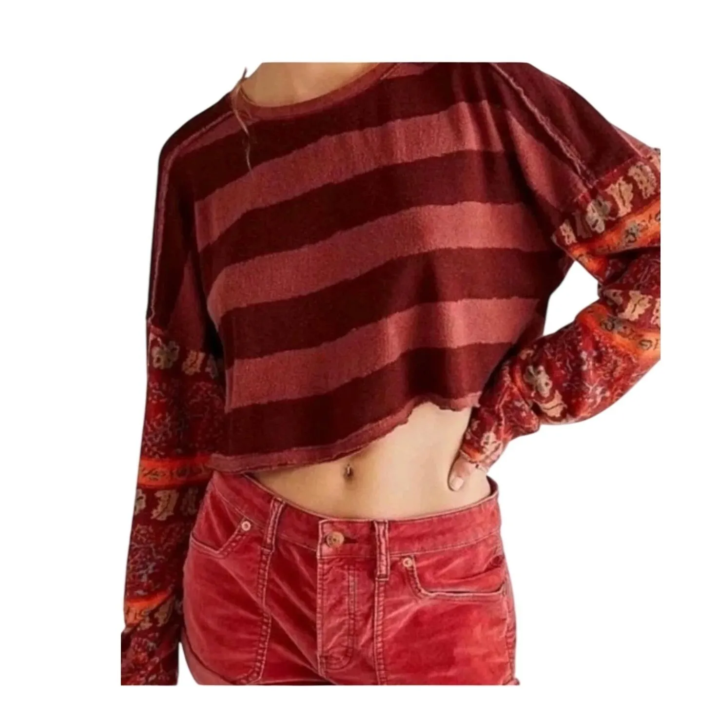 We The Free Striped Cropped Long Sleeve Shirt Orange Pattern Sleeve Size Medium - Image 2