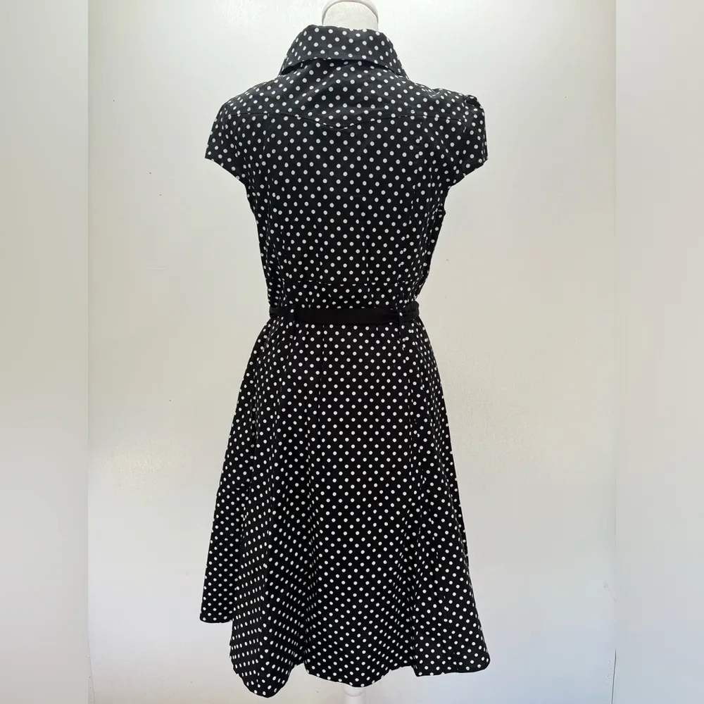 Black & White Polka Dots Cap Sleeve A Line Shirt Dress by Petal USA Retro Mod Size L - Image 7