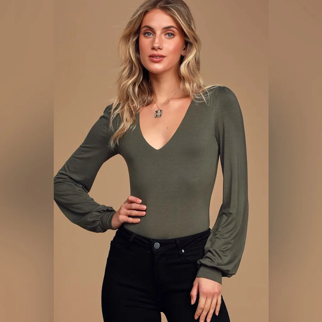 Lulus Basics Kaylene Olive Green V-Neck Balloon Sleeve Bodysuit - Image 5