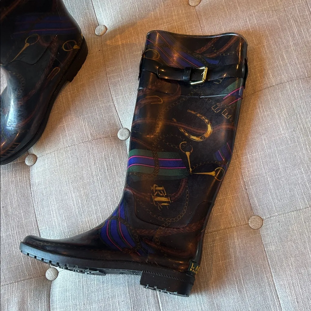 LAUREN RALPH LAUREN Women Rosalyn II Rain Boots Black Gold Rope Chain Size 8B - Image 6