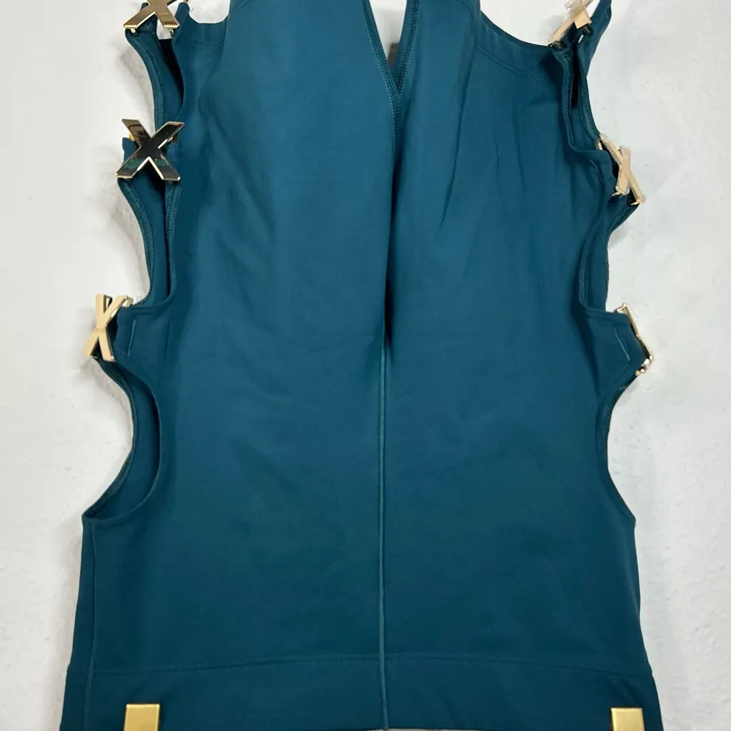 Savage X Fenty Rihanna Sport Shorts Small Teal Cutout Gold X Hardware NWT Blue - Image 3