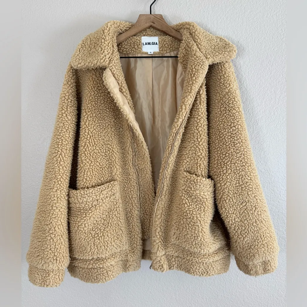 I Am Gia Pixie Tan Oversized Teddy Sherpa Bomber Coat size Small $99 - Image 7