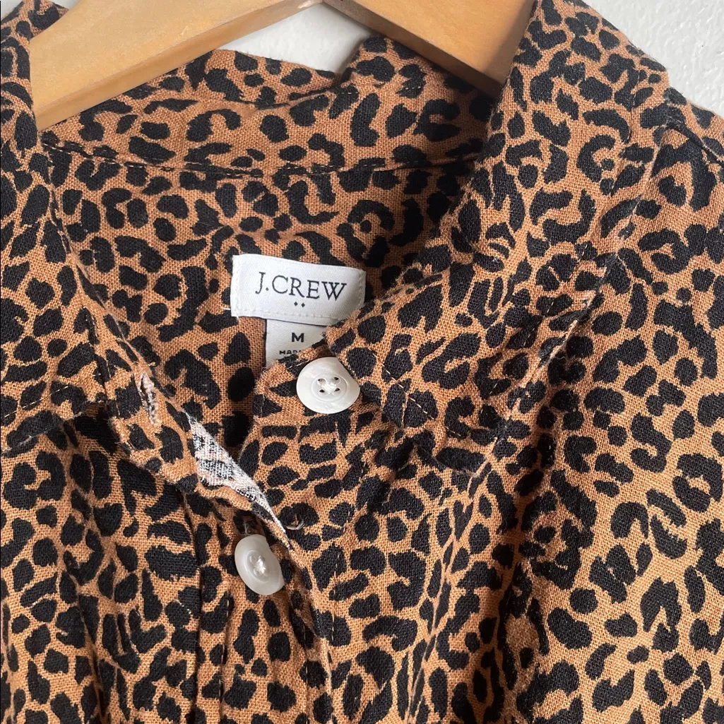 J.Crew Animal Print Linen-blend Belted Mini Shirt Dress Warm Brandy Black - Image 6
