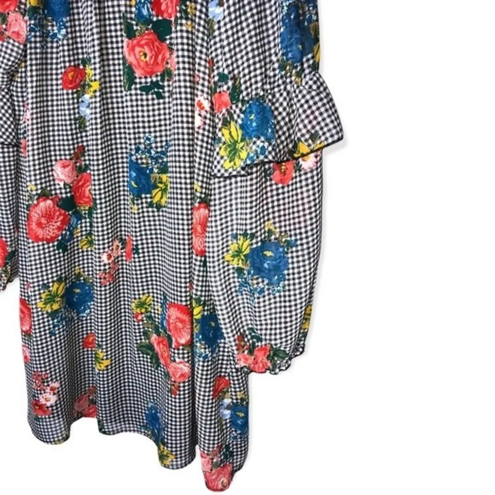 Eyeshadow Plaid Floral Long Sleeve Off-shoulder Ruffle Dress - Image 89