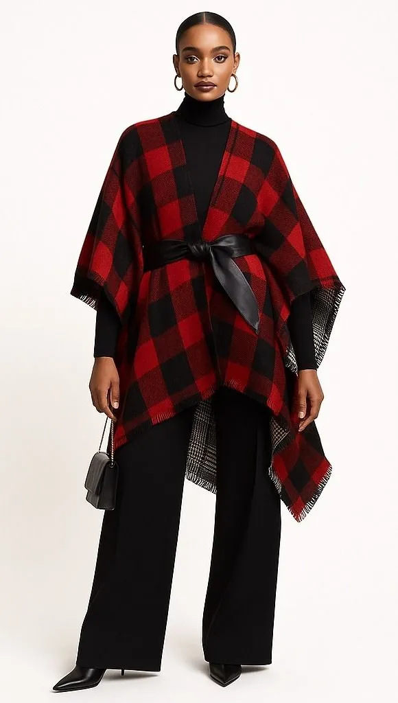 Women's Reversible Tartan Plaid Poncho Multicolor Holiday Festive Cozy - Image 1