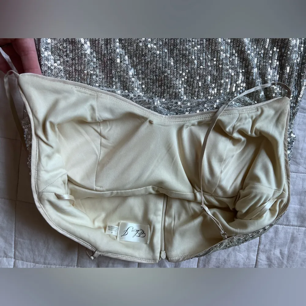 Eliza J Champagne Cowl Neck Sequin Gown Spaghetti Straps Leg Slit Formal - 8 - Image 3