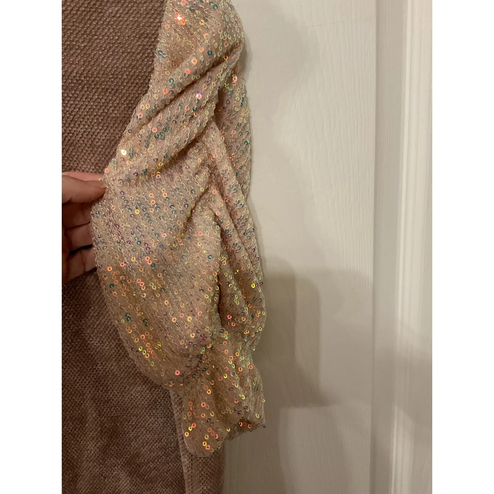 THML Short Gathered Puff Sequin Sleeve Brown Chenille Sweater , S - Image 5