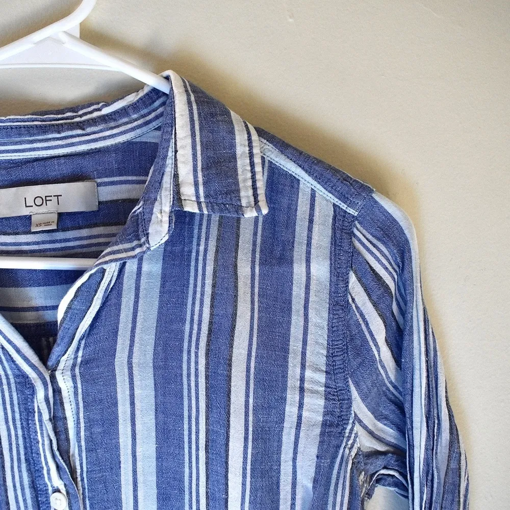 3/ $25 XS- Blue and White Striped Loft Button-Down - Image 2