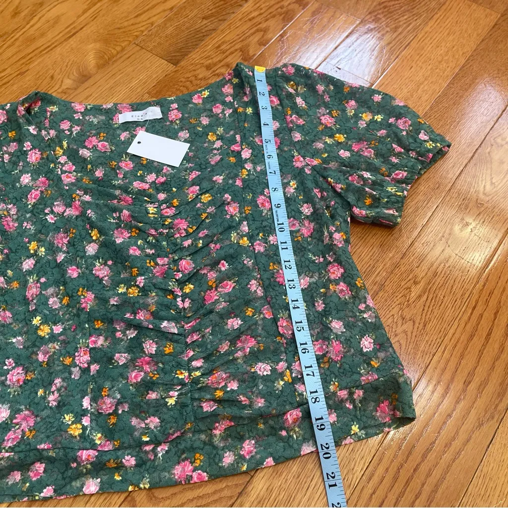Elodie Floral Ruched Mesh Top XL Green Pink Sweetheart Neck Cottagecore village - Image 8
