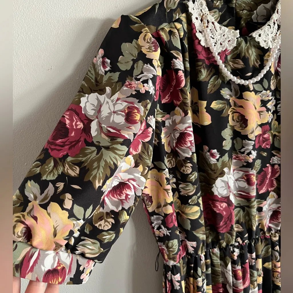 Vintage 70s Floral Prairie Dress Lace Collar Pearl Necklace USA Size 8 Pink - Image 3