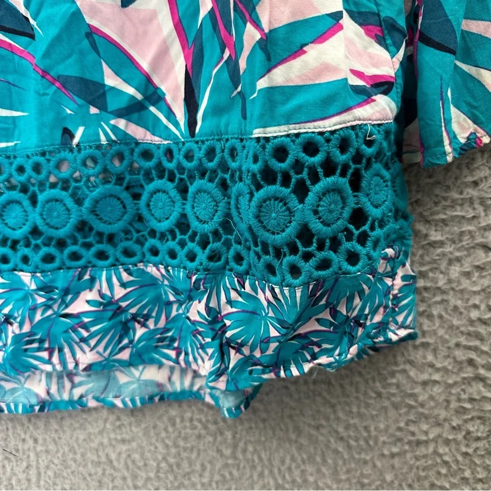 Crown & Ivy 3/4 Bell Sleeve Peasant Top Palms Tropical Crochet‎ Teal Women's XL - Image 3