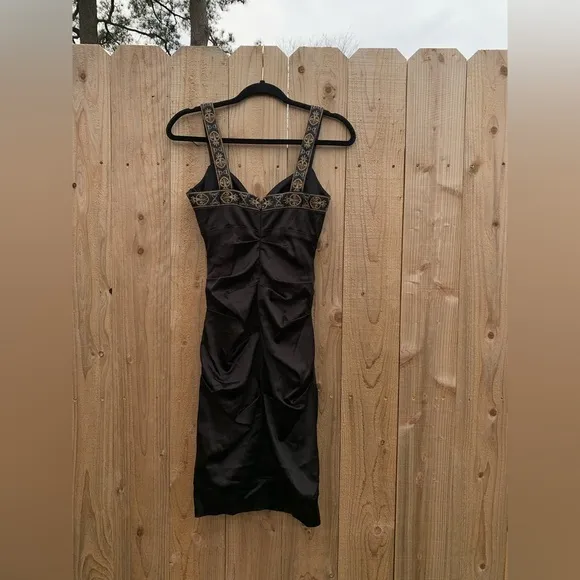 CACHE 2 Black Gold Cocktail Party‎ Body con Dress Stretch Satin Embroidered - Image 5
