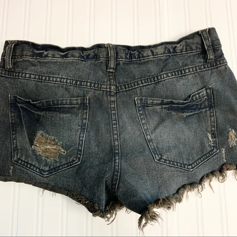 Free People Distressed Button Fly Denim Shorts - Image 4