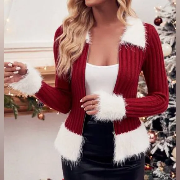 LAST ONE Holiday Fuzzy Fur Trim Sweater Red Size M - Image 12
