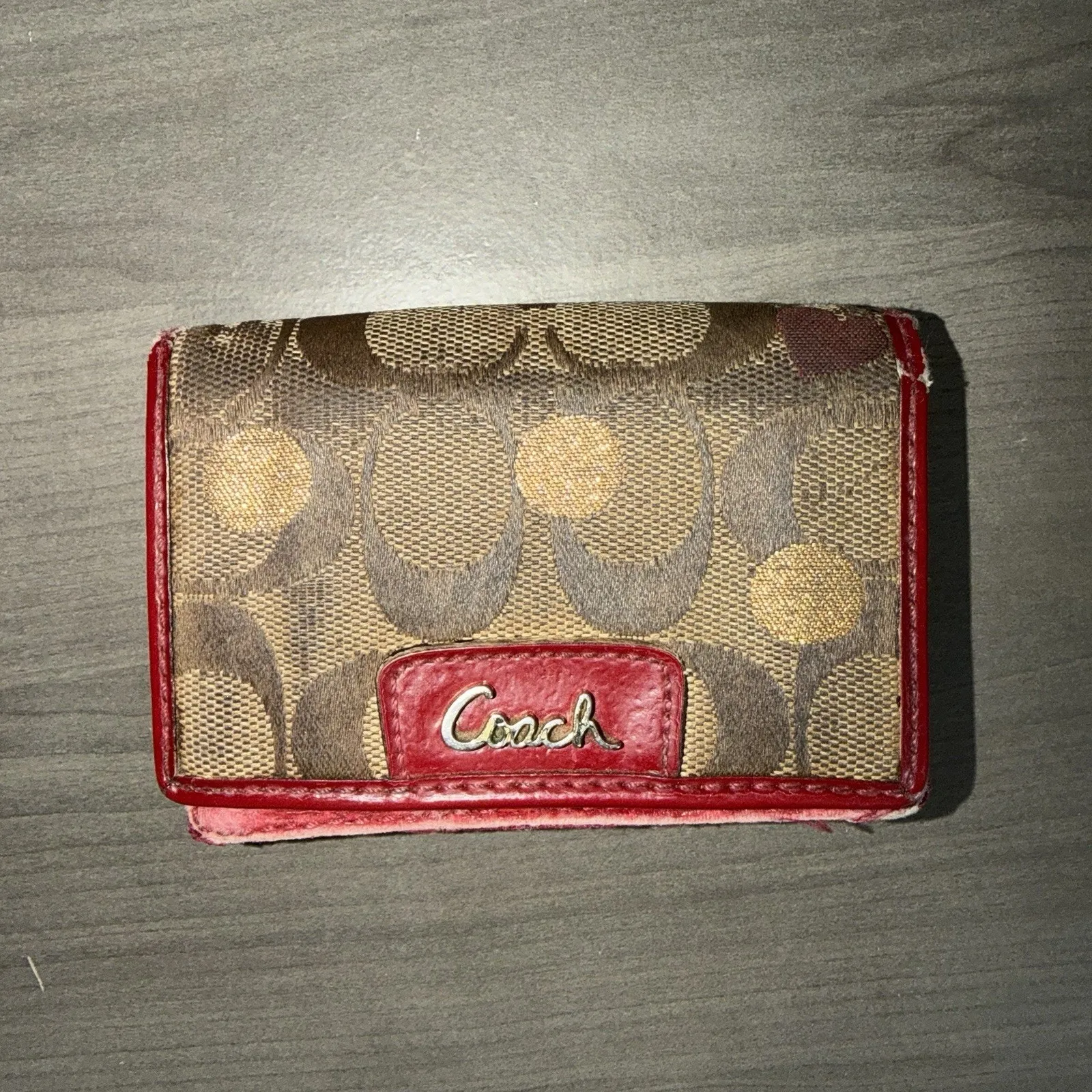 Vintage Y2K Coach Poppy Bifold Wallet Khaki Red leather Heart Gold Polka Dots - Image 7