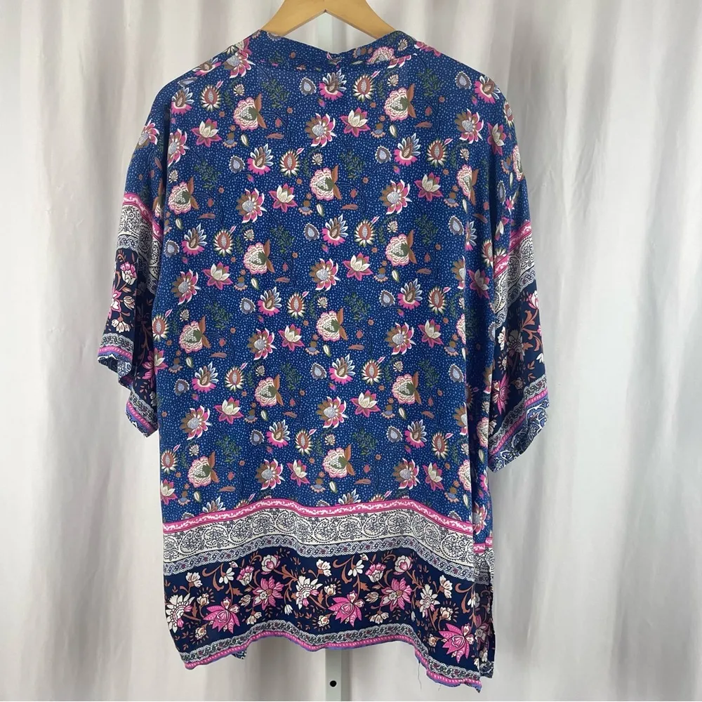 Women One Size Floral Boho Lightweight Flowy Loose Kimono Swim Cover Boxy Blue - Image 2