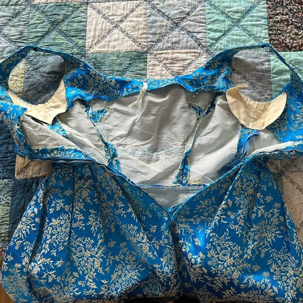 Vintage Blue Silk Brocade Pegged Dress and Shrug Handmade Size XS - Image 15