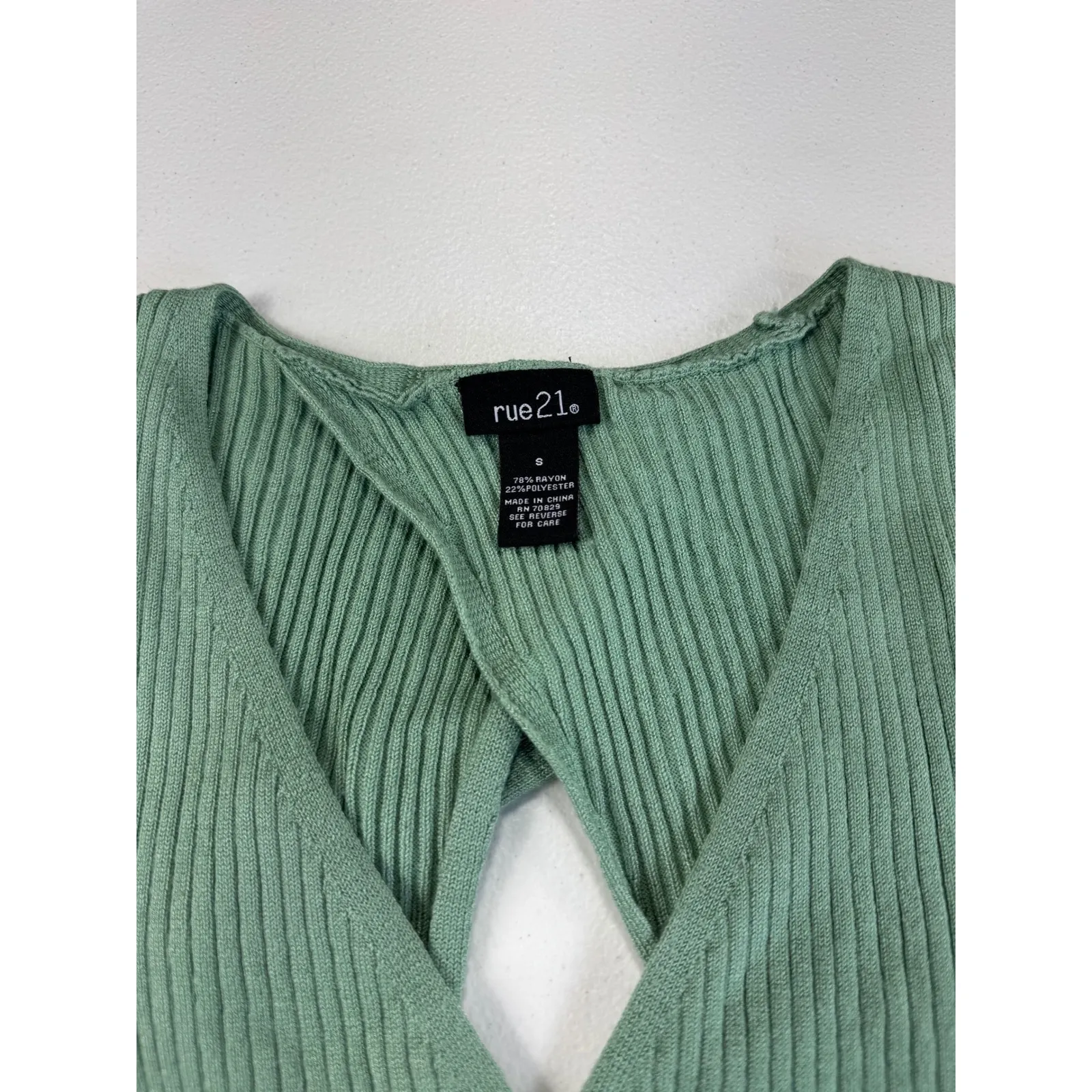 rue21 Sage Green Ribbed Knit‎ Wrap Top Open Back Long Sleeve Crop Top - Image 5