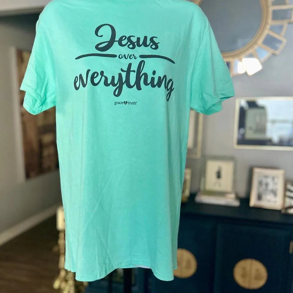 “Jesus over Everything” Aqua Tee Shirt Blue Size M - Image 3