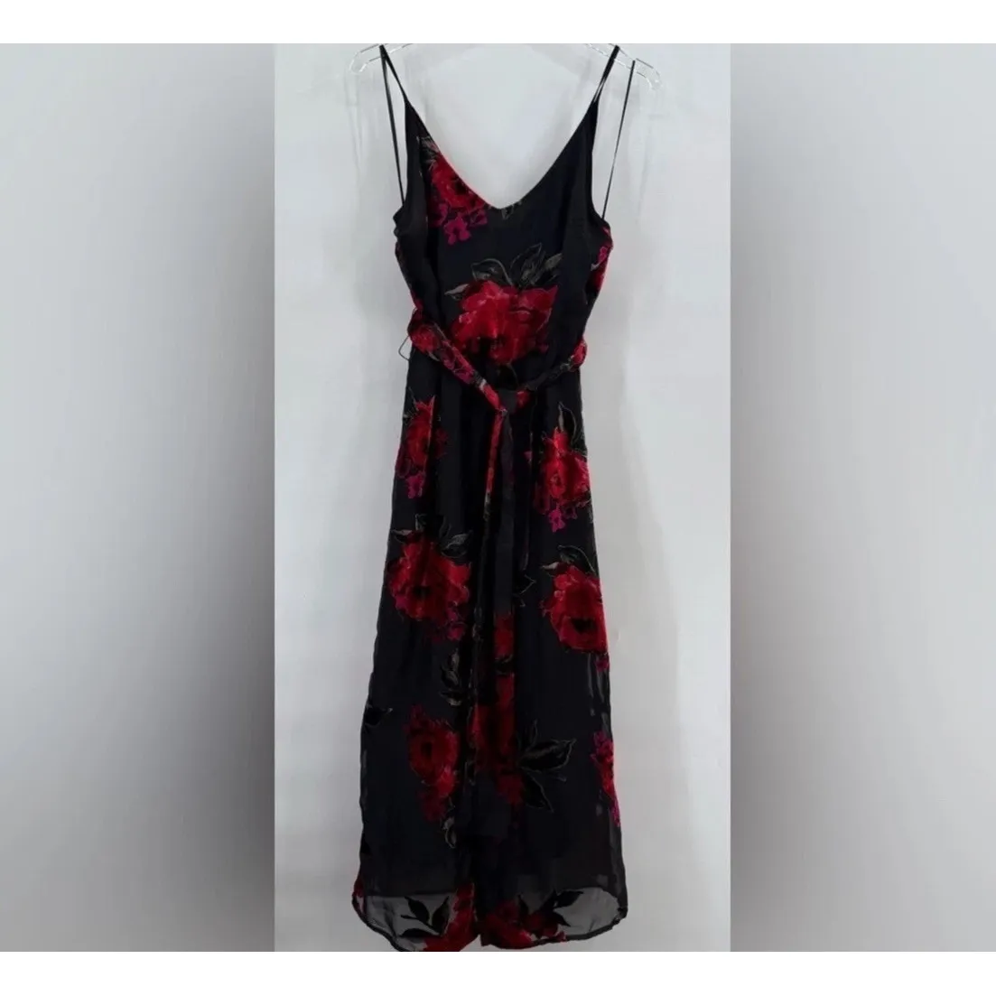 Anthropologie Ett:twa Red Black Floral Velvet Burnout Waisted Jumpsuit Romantic - Image 7