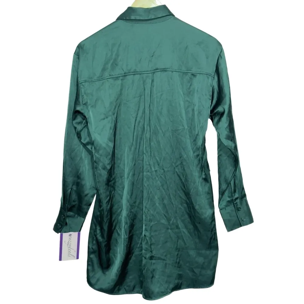 Abercrombie & Fitch Green Satin Collared Button Up Long Sleeve Mini Dress Sz XS - Image 2