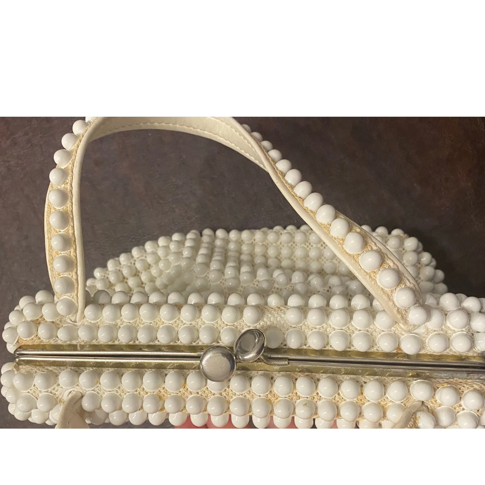 Vintage White Beaded Purse 60s Top Handle Bag Retro‎ Rockabilly Tradwife Pinup - Image 3