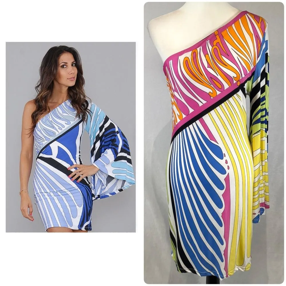 Analili stunning colorful one shoulder flare abstract retro bodycon dress medium - Image 2