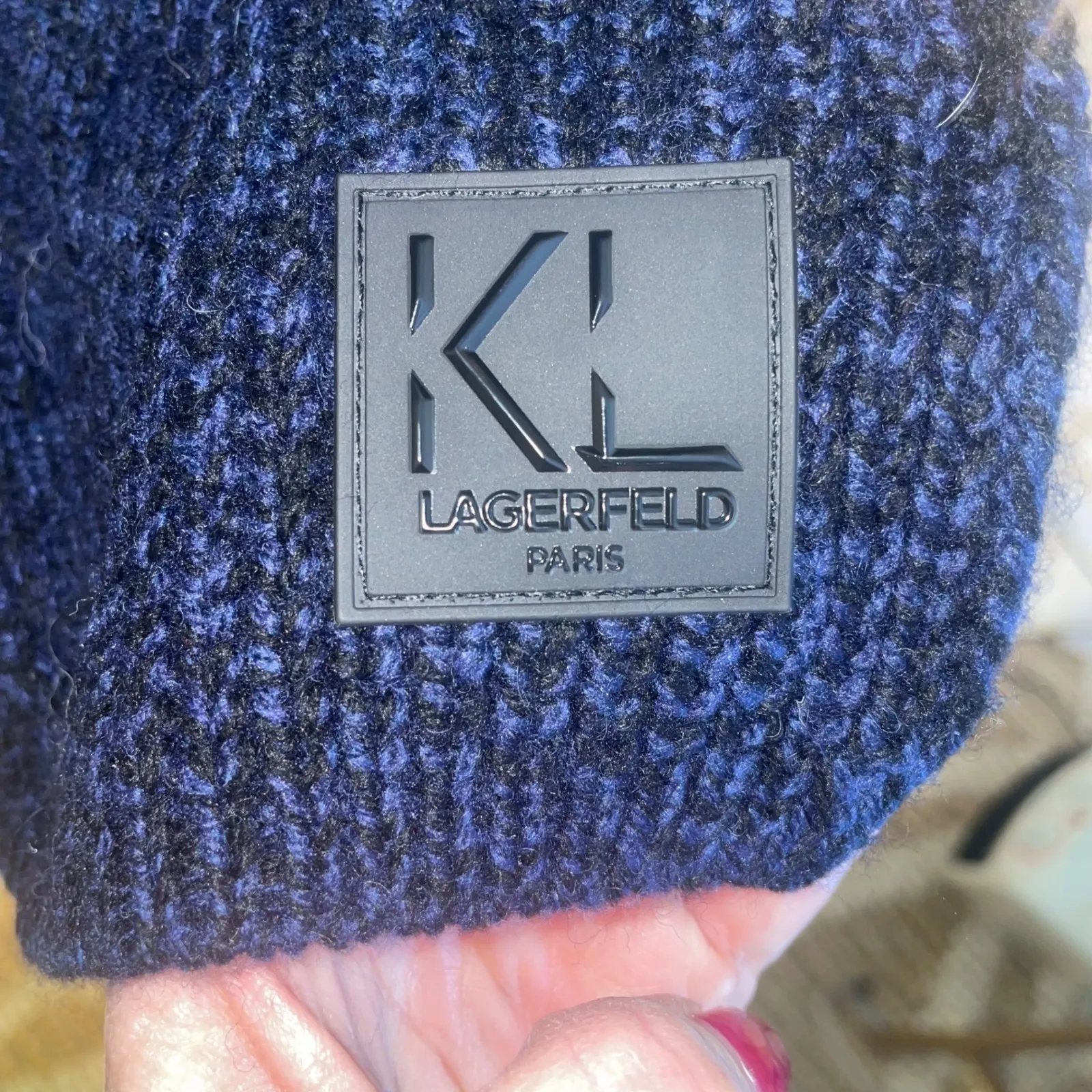 Karl Lagerfeld Paris Wool Knit Scarf – Navy | Quiet Luxury Winter Essential - Image 5