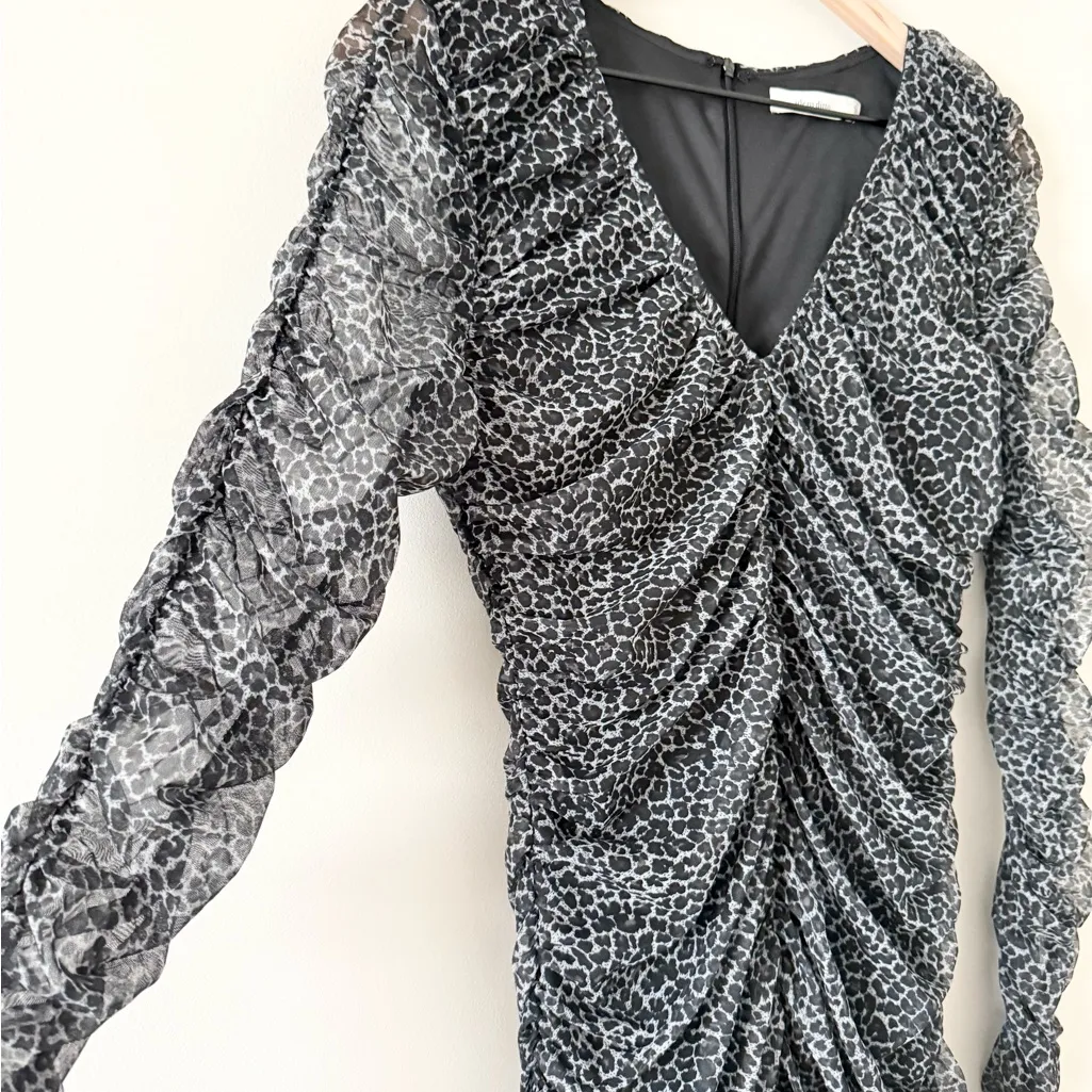 Item Ditto Mesh Ruched Long Sleeve Bodycon Mini Dress in Gray & Black Leopard L - Image 2
