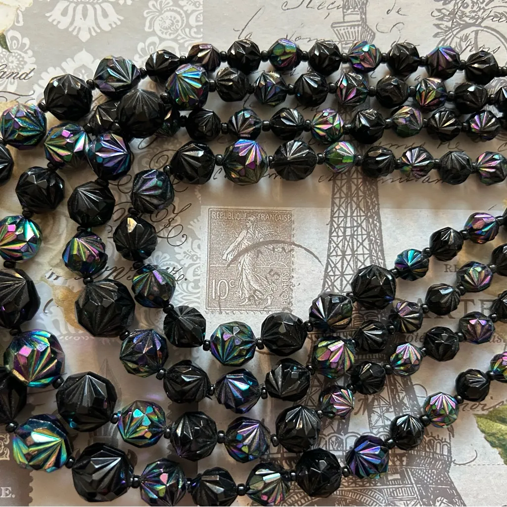 SUPERB Vintage 4 Strand AB Faceted Plastic Black Beaded Necklace WEST GERMANY - Image 2