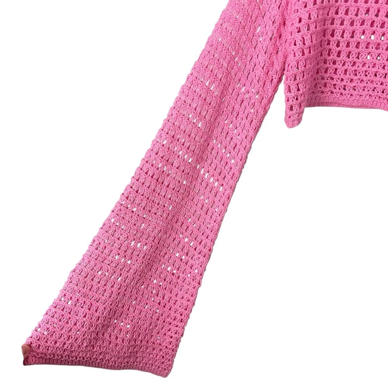 Pretty Damage Pink Crochet Bell Long Sleeve Crop Knit Boho Top Sz Small NWT - Image 4