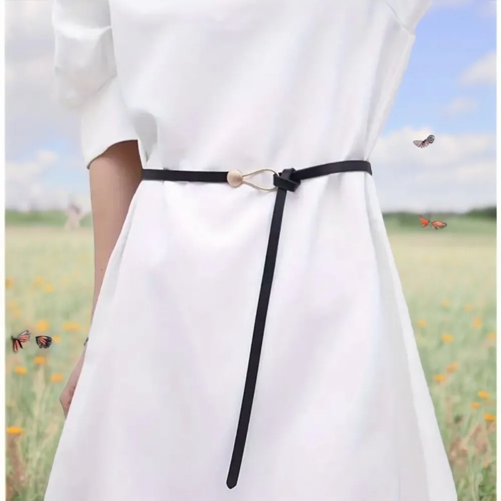 Black Trendy Knotted Skinny Thin Belt For Women Classic Solid Color Faux Leather - Image 7
