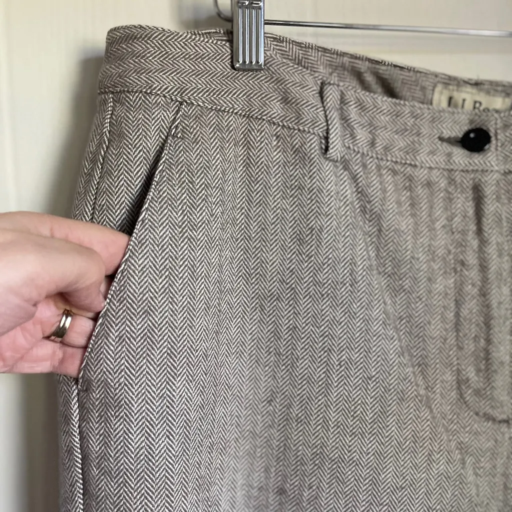 LL Bean Classic Fit Herringbone Pants Tan Womens 14 Flat Front Trousers Straight - Image 4