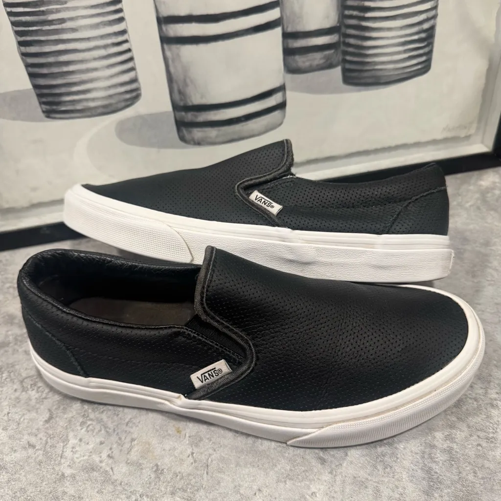VANS Slip On Skate Shoes Sneakers Black Leather UNISEX 6.5 Men 8 Women - Image 3